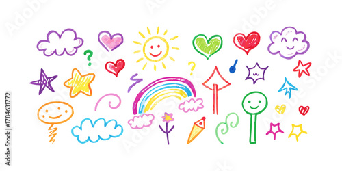 Colorful hand drawn doodles of clouds sun hearts stars