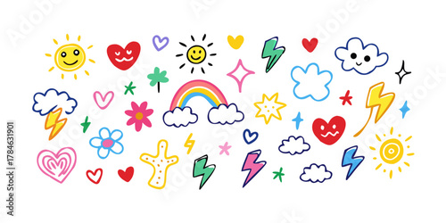 Colorful hand drawn icons of suns hearts clouds lightning and rainbow
