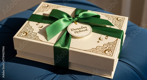 elegant ramadan mubarak gift box with green ribbon