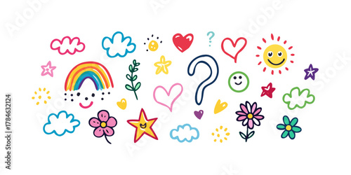 Colorful hand drawn vector icons with hearts and sun