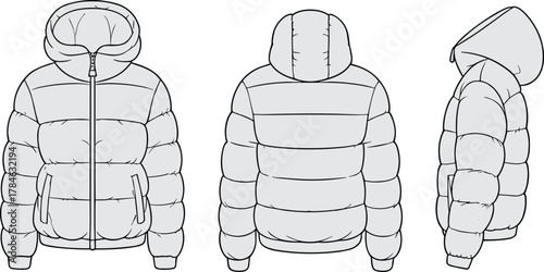 Puffer jacket technical drawing, front back side view, quilted design, hooded coat, fashion sketch, garment blueprint, winter wear, apparel