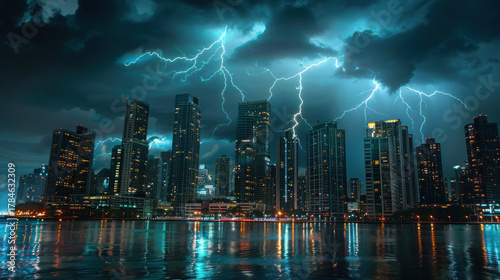 Lightning Storm Over Modern City Skyline at Night
