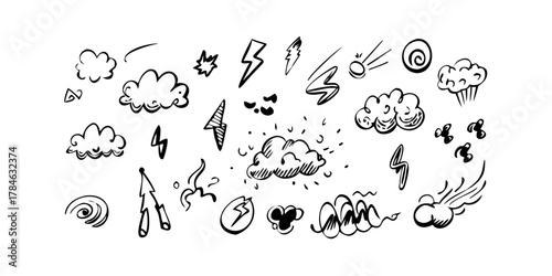 Comic doodle shapes and expressions with transparent background