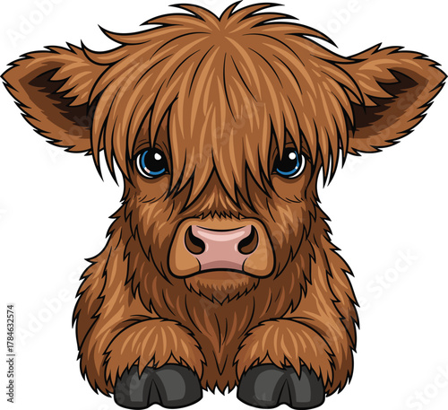 Cartoon Highland cow calf, shaggy brown fur, blue eyes, pink nose, sitting pose, cute animal, children’s illustration, isolated, stylized
