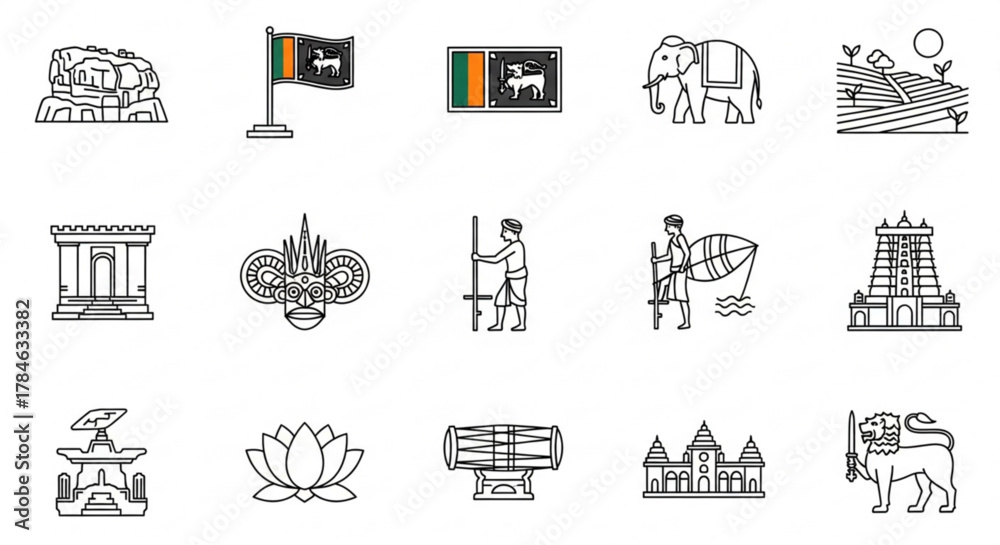 Fototapeta premium Sri Lanka Icon Sheet – Silhouette Style Black-and-White Vector Icons of Sri Lankan Landmarks and Symbols