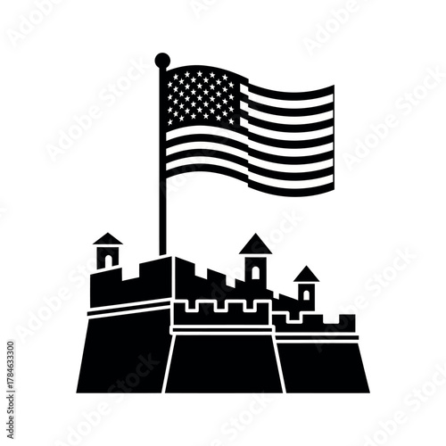 American Flag Waving Over a Historic Fort Silhouette.