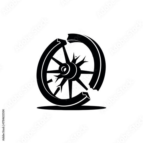 Broken antique wooden wagon wheel icon silhouette.