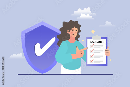 A happy customer or agent presents a health insurance policy with a checkmark checklist. This protection concept uses a giant shield to illustrate security, a guarantee.