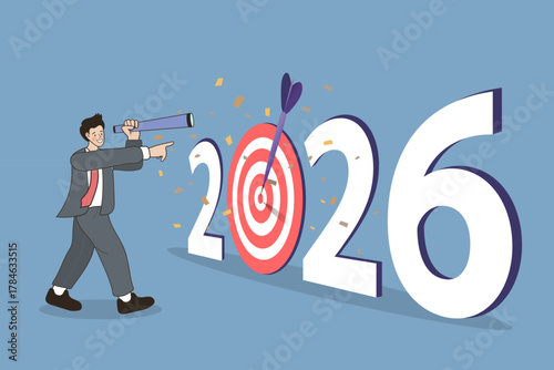 This 2026 business vision concept shows a successful businessman using a telescope for strategic planning. He forecasts the future, leading to a successful goal achievement for his company.