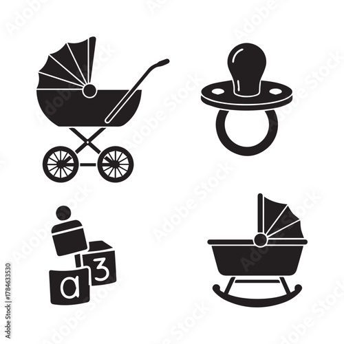 Vector  Pram, dummy, toy, baby cradle symbols.