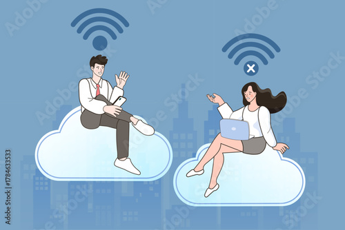 This online vs offline concept compares a good wifi connection (man) with a disconnected network problem (woman). This illustrates the internet signal error or failure on a laptop versus a successful 
