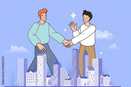 A successful corporate agreement is made in this B2B partnership concept. Two giant businessmen shake hands over a city, symbolizing a big business deal, a merger, or a strategic alliance.