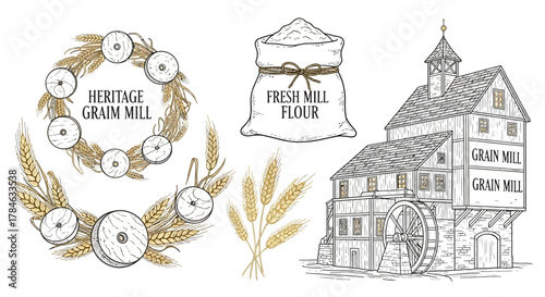 Elegant Grain Mill Vector Elements, wheat wreath and mill stones for flour craft branding