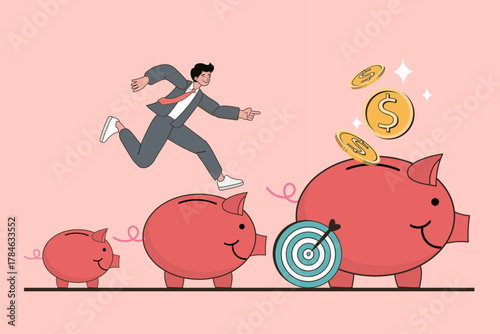 A businessman shows financial growth by running on a savings plan of piggy banks. This investment journey illustrates progress toward a retirement target or financial goal, showing profit and success.