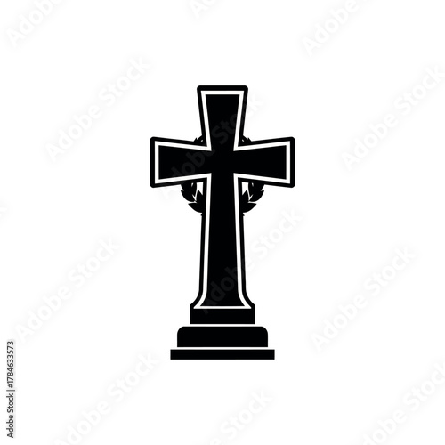 Christian Cross Gravestone Black Silhouette Icon.