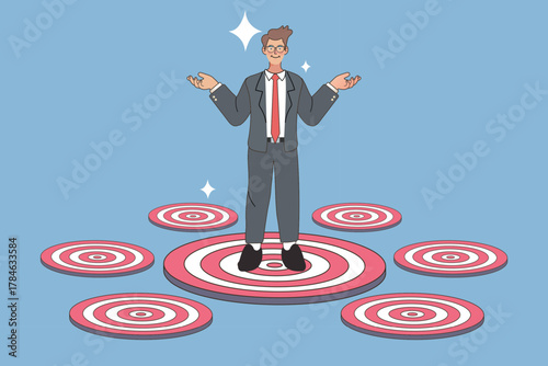 A confident businessman stands on a central target, surrounded by multiple opportunities for growth. This business strategy concept illustrates market segmentation and choosing a goal.