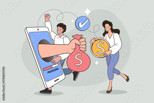 This financial concept illustrates a successful loan approval or money transfer. A happy woman receives a payout from a mobile app after the payment is processed.