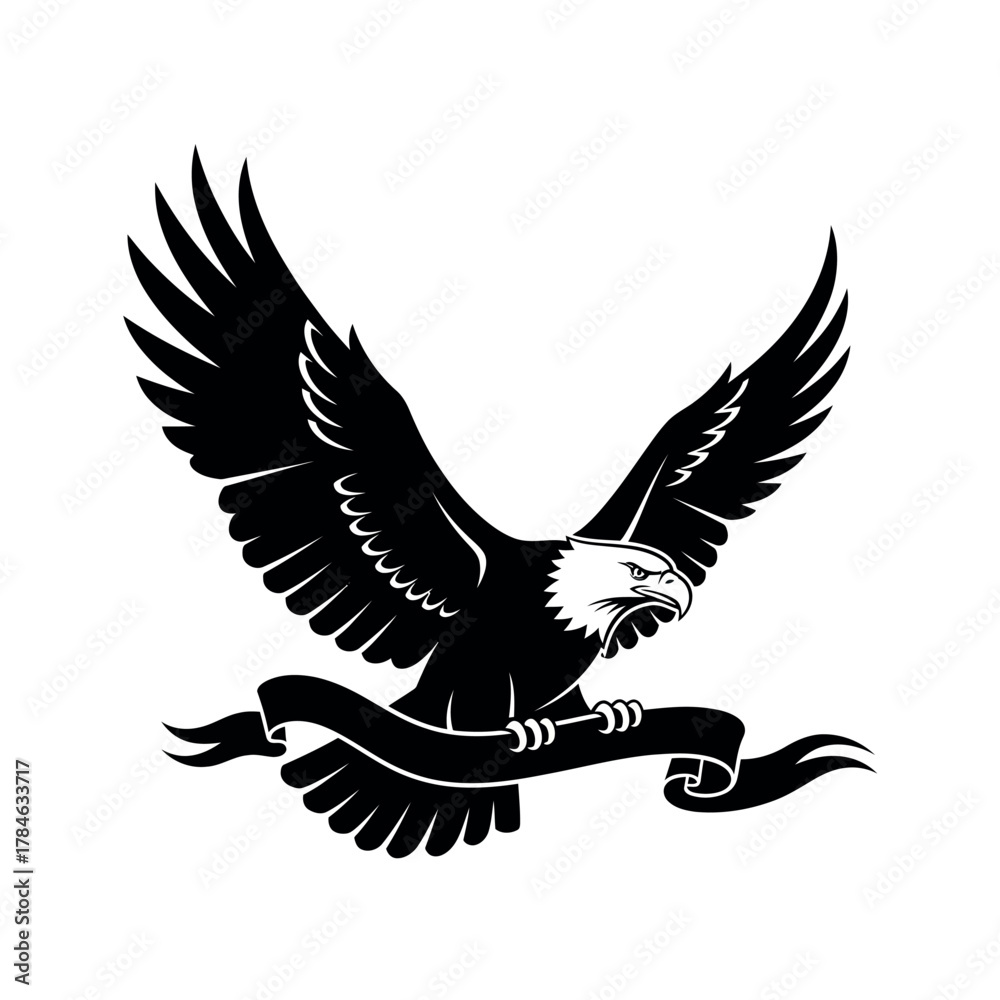 Obraz premium Majestic eagle soaring with banner in monochrome illustration.