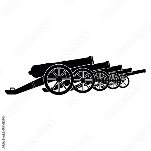 Line of antique cannons for historical warfare.