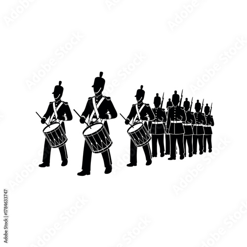 Marching band silhouette in black and white.