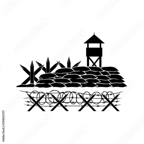 Military Border Post with Watchtower and Barbed Wire.