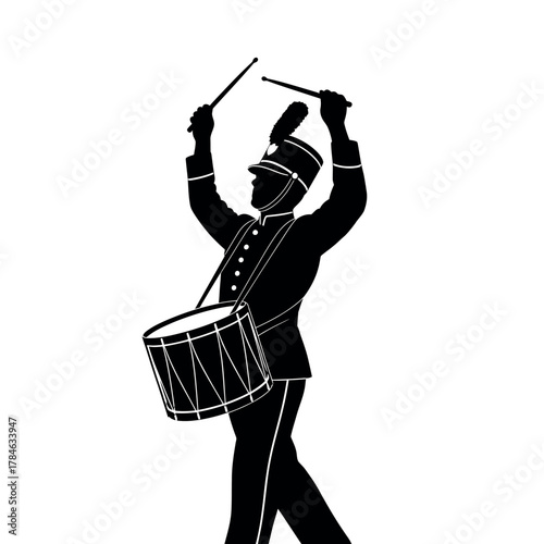 Silhouette of a Drummer in a Marching Band Uniform.