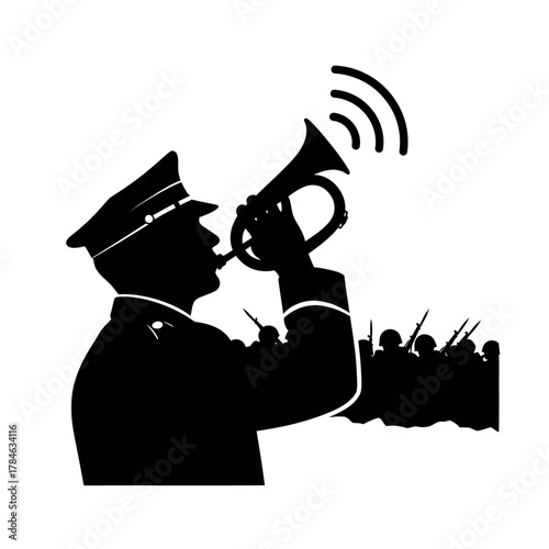 Silhouette of a Soldier Blowing a Bugle with Troops in Formation.