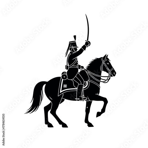 Silhouette of a soldier on horseback with a sword.