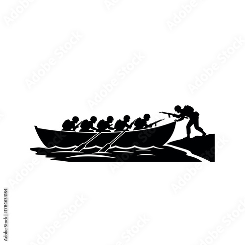 Silhouette of soldiers in a boat landing on shore ready for combat.