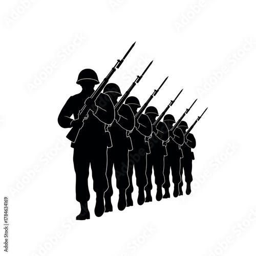 Silhouette of soldiers marching in formation with rifles.