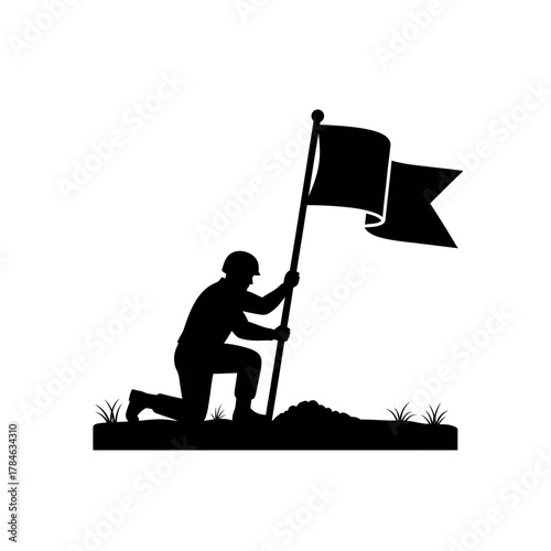 Soldier planting flag on battlefield silhouette.