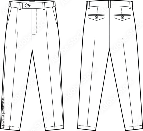 Tailored trousers technical sketch, front and back view, fashion design, garment blueprint, formal pants, clothing template, menswear illustration, apparel style
