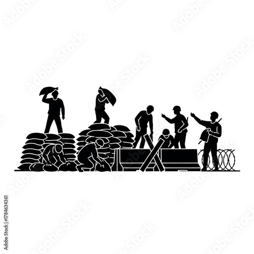 Soldiers building a defensive fortification with sandbags and barriers.