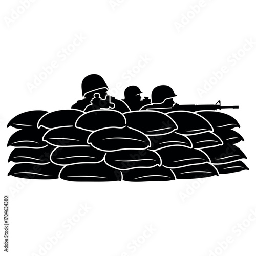 Soldiers in Trench Behind Sandbags.