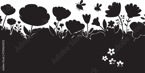 Black and white flower garden vector illustration with bees, floral silhouette graphic eps
