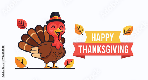 Cute Cartoon Style Thanksgiving Turkey with Autumn Leaves and Ribbon Text