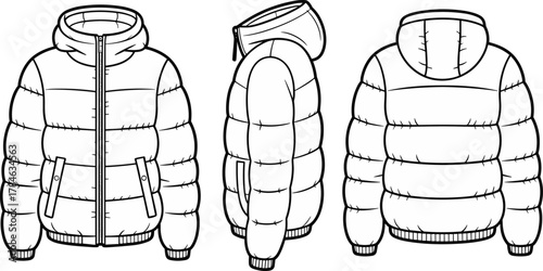 Puffer jacket technical sketch, front side back view, hooded design, quilted pattern, zipper closure, fashion blueprint, garment illustration, winter wear