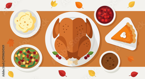 Flat Style Illustration Thanksgiving Table with Holiday Dinner Top View