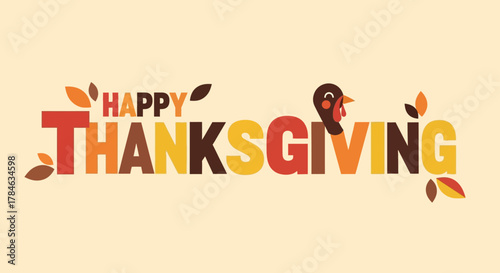 Modern Graphic Thanksgiving Day Typography with Turkey and Autumn Leaves