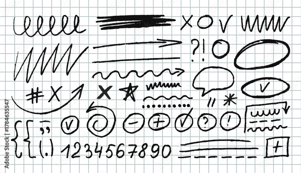 Big vector set of abstract doodles scribbles and squiggles. Various geometric shapes drawn with pencil and chalk: counting numbers, arrows, brackets, punctuation marks, stars.  