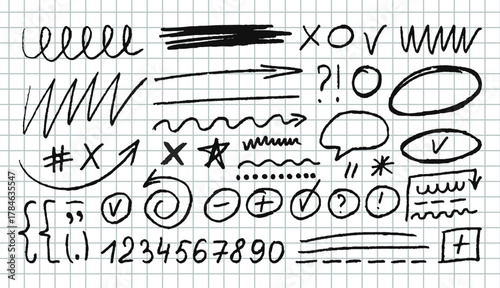 Big vector set of abstract doodles scribbles and squiggles. Various geometric shapes drawn with pencil and chalk: counting numbers, arrows, brackets, punctuation marks, stars.  