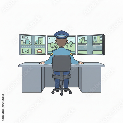 A police officer monitoring multiple CCTV screens in a security control room