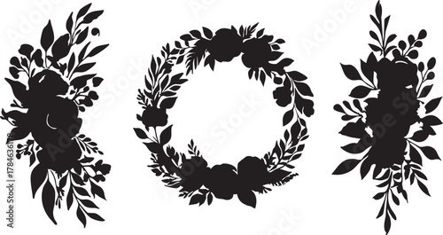 Floral vector silhouettes: flower wreaths and arrangements for design eps