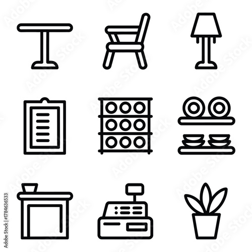 Nine icons of furniture and household items on a white background table chair