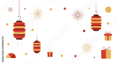 Joyful celebration concept with hanging paper lanterns, festive gift boxes, and sparkling fireworks on a white background