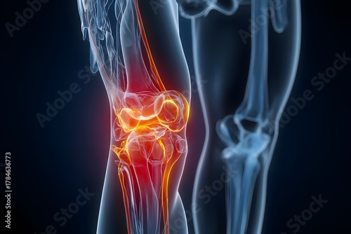 The knee joint glows with warmth and pain showing the inner bone structure.