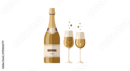 Elegant vector illustration of a golden sparkling wine bottle and two full glasses, a symbol of celebration, toasting, and special occasions