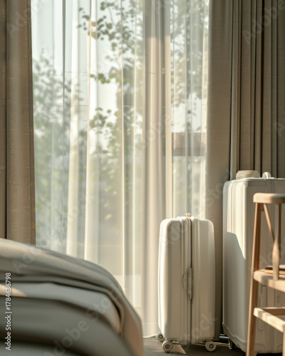 Bright cozy hotel room with suitcase in neutral colors.