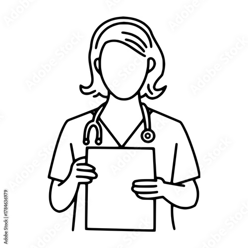 Handmade Outline vector icon of female doctor with stethoscope, healthcare concept