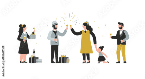 Joyful Jewish family and friends celebrating a traditional holiday with a champagne toast, gifts, and festive cheer on a white background